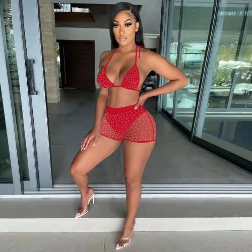 Summer Red Beachwear Sexy Mesh Sequined Two Piece Short Set