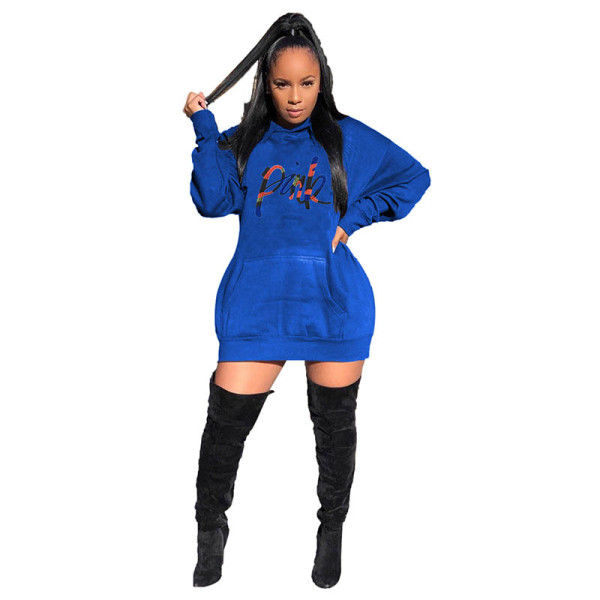 Solid Color Embroidered Bat Sleeve Hooded Dress