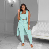 3PCS Solid Ribbed Tank Top + Sleeveless Long Cloak + Pants