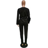 Winter Casual Black Thickened Print Pant Set