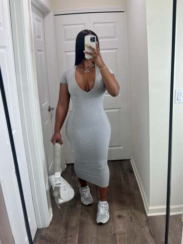 Solid Color Casual Deep V Pit Mid Dresses