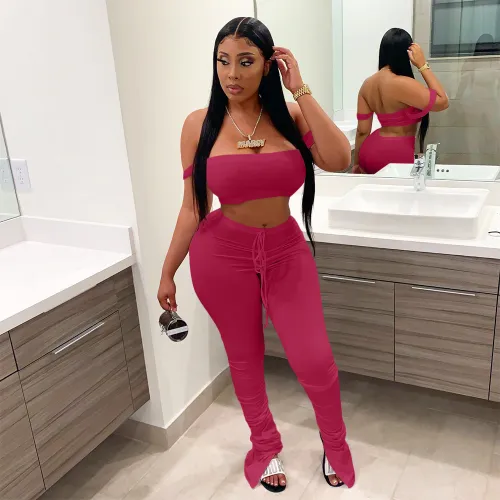 Sexy Wine Red Sling Wrap Crop Top Pleated Wrinkled Trousers Two Piece