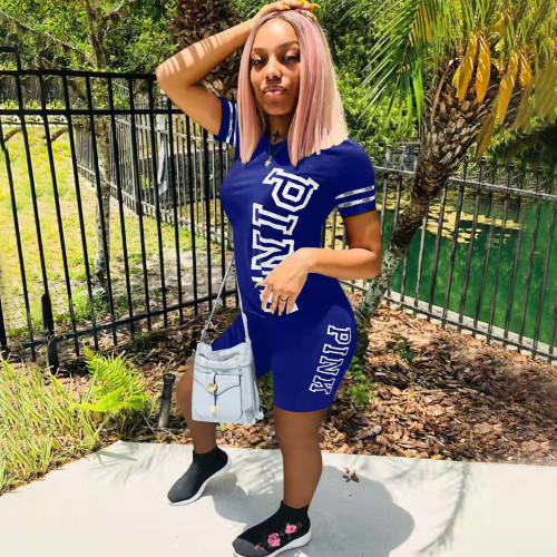 Blue Summer Casual Printed Letter Women Short Set