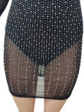 Black Long Sleeves Mesh Bodycon Dress with Rhinestones