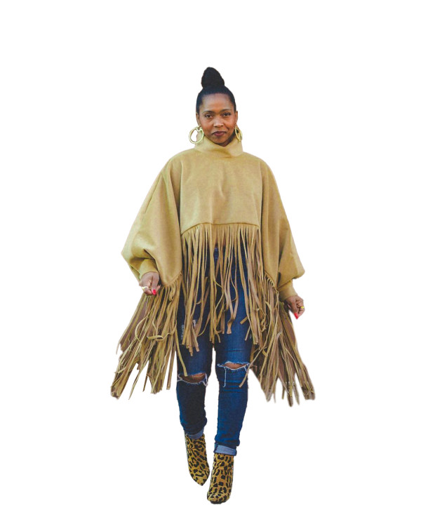 Khaki British Style Oversized Fringed Top