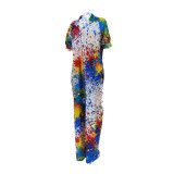 Plus Size Splash Ink Printed Loose Jumpsuit