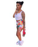 Casual Printed Drawstring Vest Crop Top and Patchwork Short
