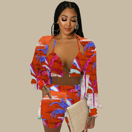 Women Three Piece Set Printed Bra Shorts with Long Sleeve Cardigan