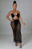 Black Solid Color Summer Elastic Fringed Side Slit Halter Beach Long Dresses