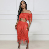 Sexy Perspective Knitted Hook Tassel Off Shoulder Beach Suit