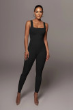 Solid Color Ribbed Sleeveless Square Neck Backless Tank Jumpsuit