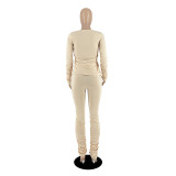 New Stylish Women Long Sleeves Patchwork Solid Stacked Skinny Casual Pants Set