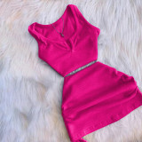 High Elastic Cotton Pit V Neck Low-cut Drawstring Skirt Set