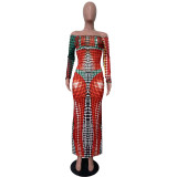 Casual Digital Printed Off Shoulder Long Sleeve Maxi Dress