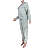 Solid Color Multi Pocket Hoodie Sports Pant Set