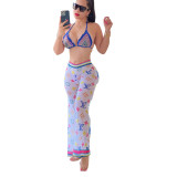 All-match Fashion Mesh Printed Wide-leg Pants