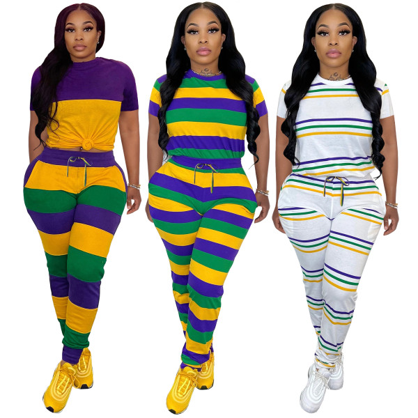 Casual Sweat-absorbing Striped Printed Round Neck Short Sleeve Trouser Set