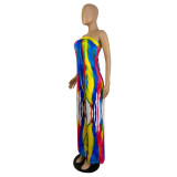 Casual Printed Tie-dye Strapless Jumpsuit with Wide-leg