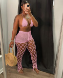 Sexy Pink Beach Fishnet Perspective Hollow Halter Crop Top Two Piece