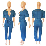 Denim Zipper Collar Lace-Up Jumpsuit