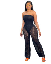 Black Nightclub Sexy See-through Strapless Lace Jumpsuit