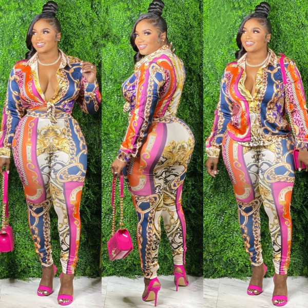 Casual Printed Turndown Neck Long Sleeve Shirt Trousers Homewear Casual Set