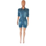 Summer Short Sleeve Turn-down Neck Denim One Piece Rompers with Belt