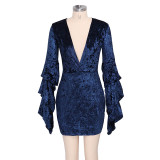 Deep-V Sexy Velvet Club Dresses with Wide Sleeves