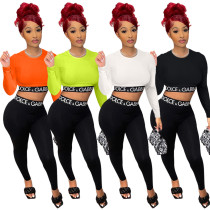 Casual Printed Letter Long Sleeve Crop Top & Trousers Two Pieces