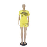 Casual Solid Color Graphic Print Short Sleeve Shorts 2 Piece Set