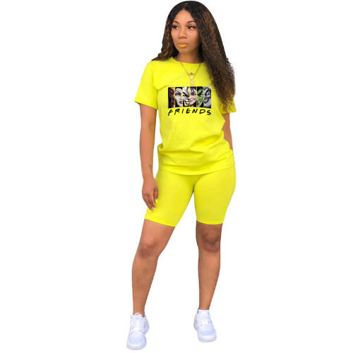 Fashion Yellow Ladies Shorts Tracksuit Printed Avatar Women Short Sets