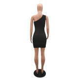 Solid Color Pit Single Shoulder Sleeveless Bodycon Dress
