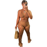 Sexy Khaki Beach Fishnet Perspective Hollow Halter Crop Top Two Piece