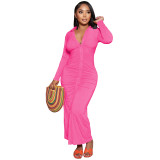 Solid Color V Neck Ruched Maxi Dress