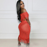 Sexy Perspective Knitted Hook Tassel Off Shoulder Beach Suit