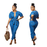 Denim Zipper Collar Lace-Up Jumpsuit