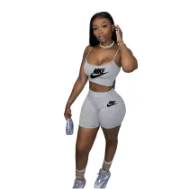 Solid Color Letter Printed Straps Crop Top and Shorts