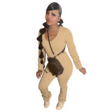 New Stylish Women Long Sleeves Patchwork Solid Stacked Skinny Casual Pants Set