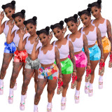 Casual Printed Drawstring Vest Crop Top and Patchwork Short