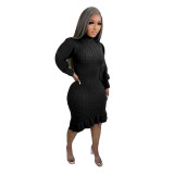 Casual Solid Basic Sweater Turtleneck Ruffle Hand-Knit Long Sleeve Dresses