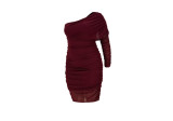 Plus Size Lavish One Shoulder Double-layer Mesh Pleated Dress - Wine Red