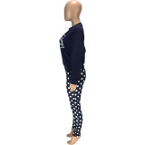 Casual Print Letter Tie Dot Shirt and Trousers 2 Pcs Set