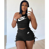 Black Ladies Pyrography Shirring Tank Top Shorts Casual Two Piece Set