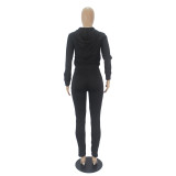 Solid Color Hooded Blouse and Trousers with Pocket