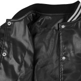 Thread Elasticity Faux Leather Baseball Jacket