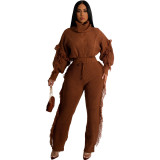 Winter Turtle Neck Cable Knit Sweater And Tasseled Pants Set