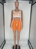 Casual Orange Printed Letter Vest Crop Top Tracksuit Short Set with Pocket