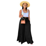 Black Casual Solid Pleated Mid Waist Wide Leg Pants