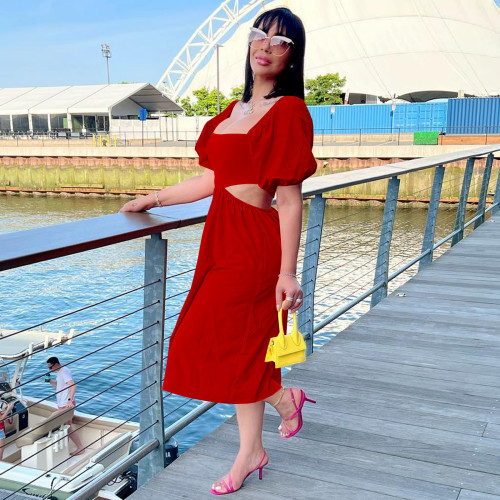 Red Solid Color Square Collar Lantern Sleeve Irregular Mid Dress with Hollow