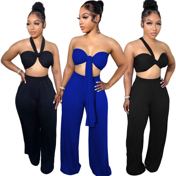 Sexy Halter Wrapped Top Wide-leg Pants Two Pieces
